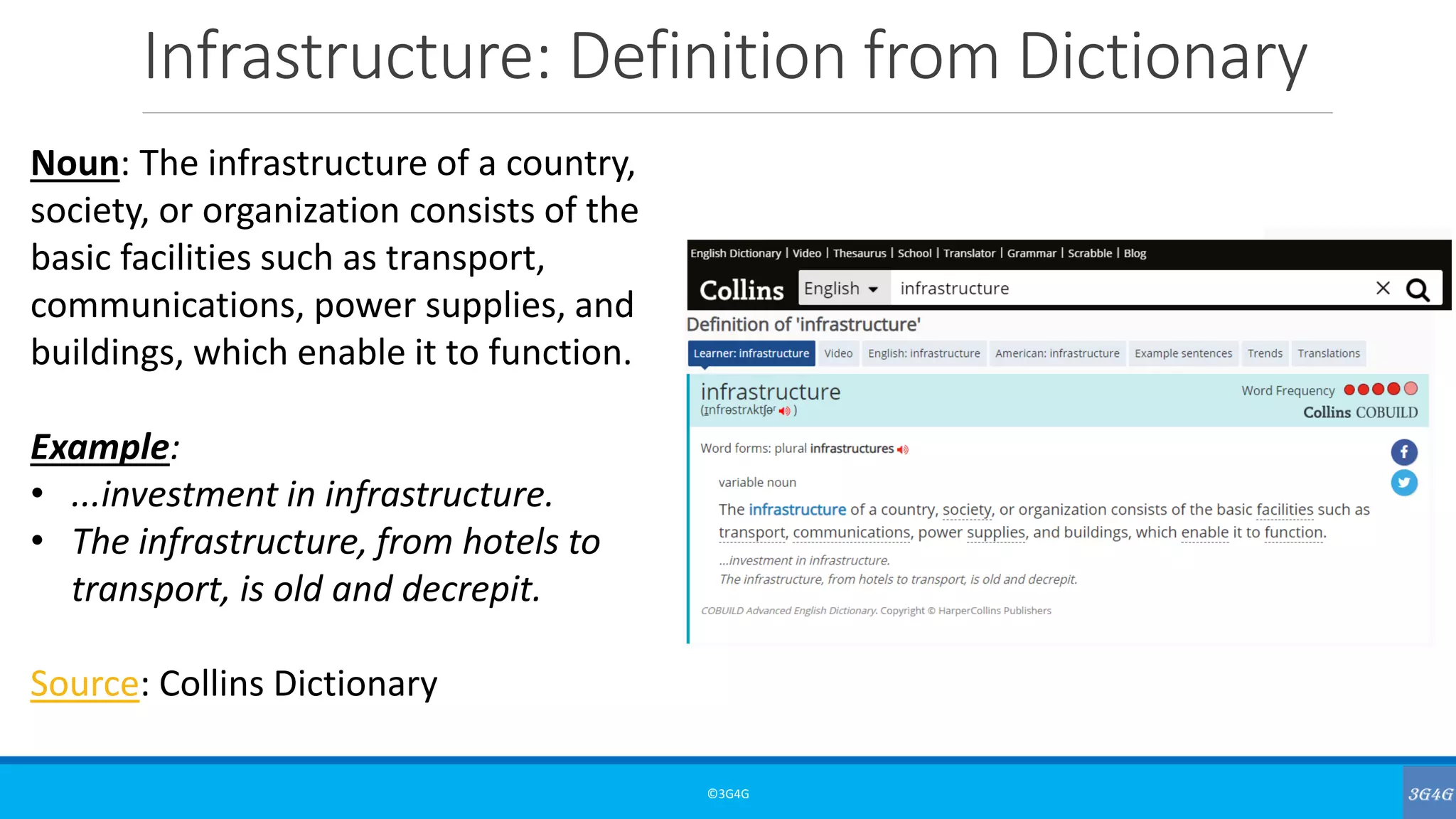 Infrastructure: Definition from Dictionary
©3G4G
Noun: The infrastructure of a country,
society, or organization consists of the
basic facilities such as transport,
communications, power supplies, and
buildings, which enable it to function.
Example:
• ...investment in infrastructure.
• The infrastructure, from hotels to
transport, is old and decrepit.
Source: Collins Dictionary
 
