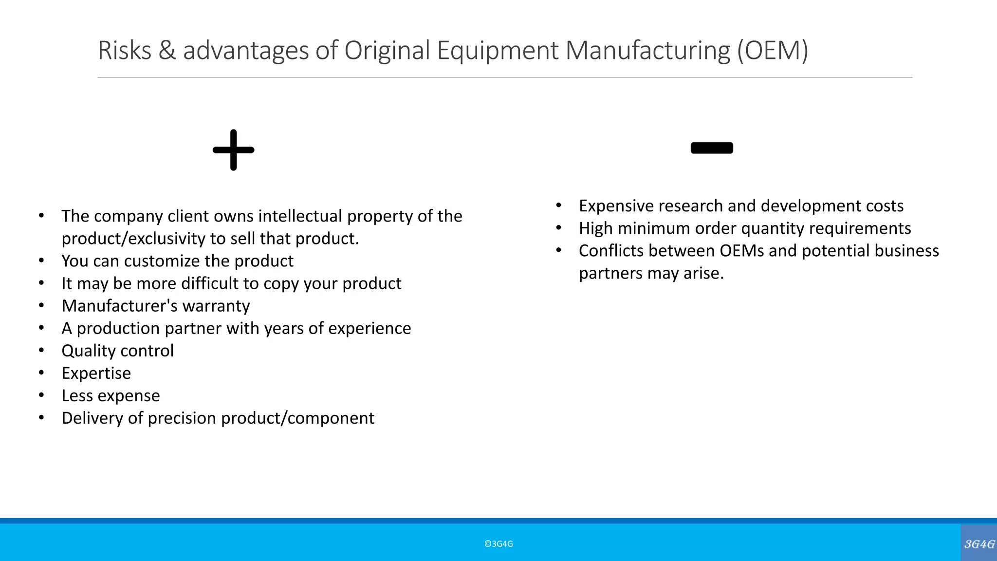 Risks & advantages of Original Equipment Manufacturing (OEM)
©3G4G
• The company client owns intellectual property of the
product/exclusivity to sell that product.
• You can customize the product
• It may be more difficult to copy your product
• Manufacturer's warranty
• A production partner with years of experience
• Quality control
• Expertise
• Less expense
• Delivery of precision product/component
• Expensive research and development costs
• High minimum order quantity requirements
• Conflicts between OEMs and potential business
partners may arise.
 