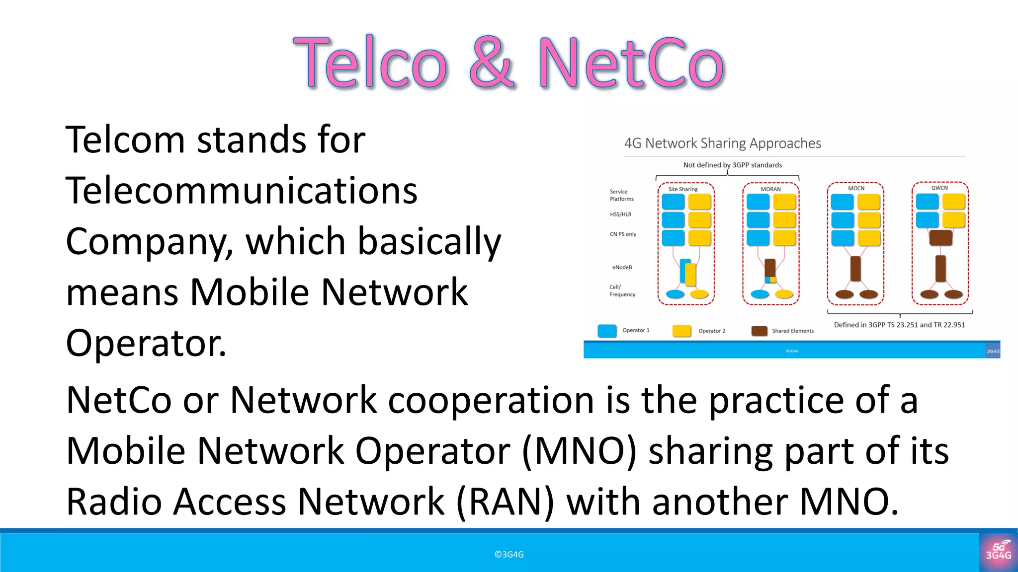©3G4G
Telcom stands for
Telecommunications
Company, which basically
means Mobile Network
Operator.
NetCo or Network cooperation is the practice of a
Mobile Network Operator (MNO) sharing part of its
Radio Access Network (RAN) with another MNO.
 