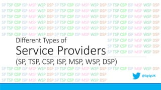 Different Types of
Service Providers
(SP, TSP, CSP, ISP, MSP, WSP, DSP)
@3g4gUK
 