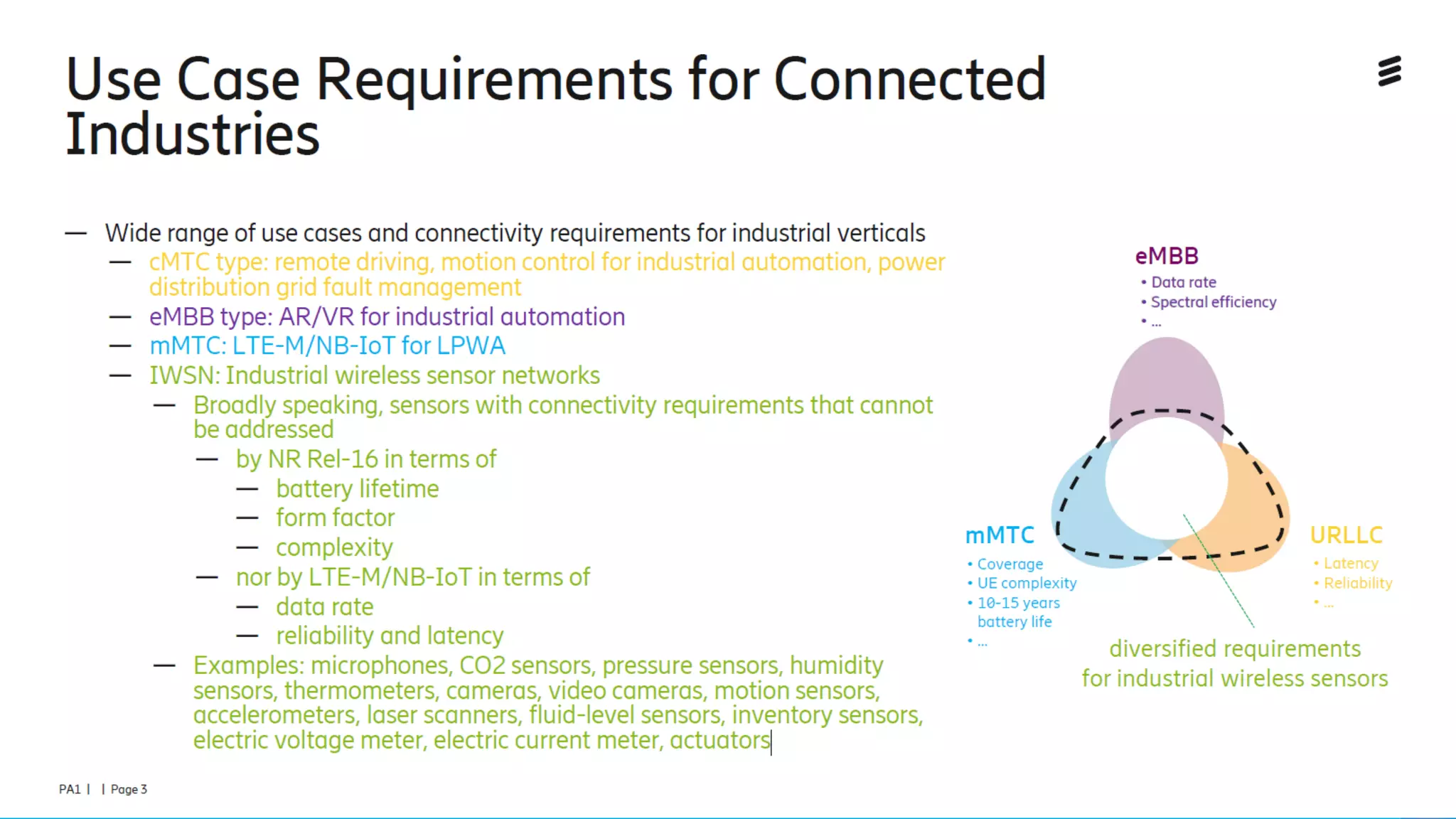 Use Case Requirements for Connected Industries
Wide range of use cases and connectivity requirements for industrial verticals
—cMTC type: remote driving, motion control for industrial automation, power distribution grid fault management
—eMBB type: AR/VR for industrial automation
—mMTC: LTE-M/NB-IoT for LPWA
—IWSN: Industrial wireless sensor networks
—Broadly speaking, sensors with connectivity requirements that cannot be addressed
—by NR Rel-16 in terms of
—battery lifetime
—form factor
—complexity
—nor by LTE-M/NB-IoT in terms of
—data rate
—reliability and latency
—Examples: microphones, CO2 sensors, pressure sensors, humidity sensors, thermometers, cameras, video cameras, motion sensors, accelerometers, laser scanners, fluid-
level sensors, inventory sensors, electric voltage meter, electric current meter, actuators
©3G4G
 