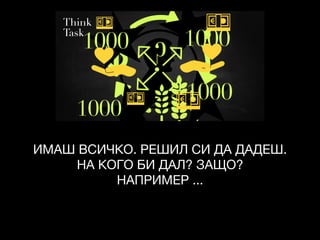 ИМАШ ВСИЧКО. РЕШИЛ СИ ДА ДАДЕШ. 

НА КОГО БИ ДАЛ? ЗАЩО?

НАПРИМЕР ...
 