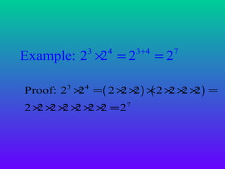 Example: 2 × = 2
2
3

4

3+ 4

=2

7

Proof: 23 × 4 = ( 2 × × ) × 2 × × × ) =
2
2 2 ( 2 2 2
2 × × × × × × =2
2 2 2 2 2 2

7

 