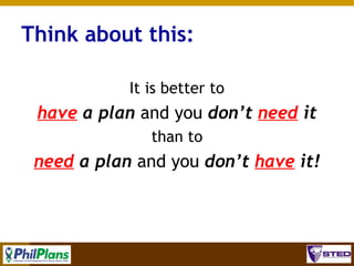Think about this:
It is better to

have a plan and you don’t need it
than to

need a plan and you don’t have it!

11

 