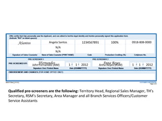 ASantos

Angela Santos

1234567891

100%

0918-808-0000

N/A
N/A

JFernandez

John Fernandez (AM)

1

1

2012

Anna Reyes

Anna Reyes (RSM)

1

1

2012

Qualified pre-screeners are the following: Territory Head, Regional Sales Manager, TH’s
Secretary, RSM’s Secretary, Area Manager and all Branch Services Officers/Customer
Service Assistants
129

 