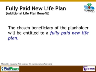 Fully Paid New Life Plan
(Additional Life Plan Benefit)

The chosen beneficiary of the planholder
will be entitled to a fully paid new life
plan.

*Planholder may assign fully paid new life plan to one beneficiary only

75

 