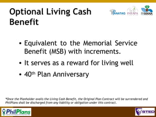 Optional Living Cash
Benefit
• Equivalent to the Memorial Service
Benefit (MSB) with increments.
• It serves as a reward for living well
• 40th Plan Anniversary

*Once the Planholder avails the Living Cash Benefit, the Original Plan Contract will be surrendered and
PhilPlans shall be discharged from any liability or obligation under this contract.
90

 