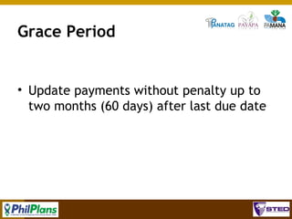 Grace Period

• Update payments without penalty up to
two months (60 days) after last due date

95

 