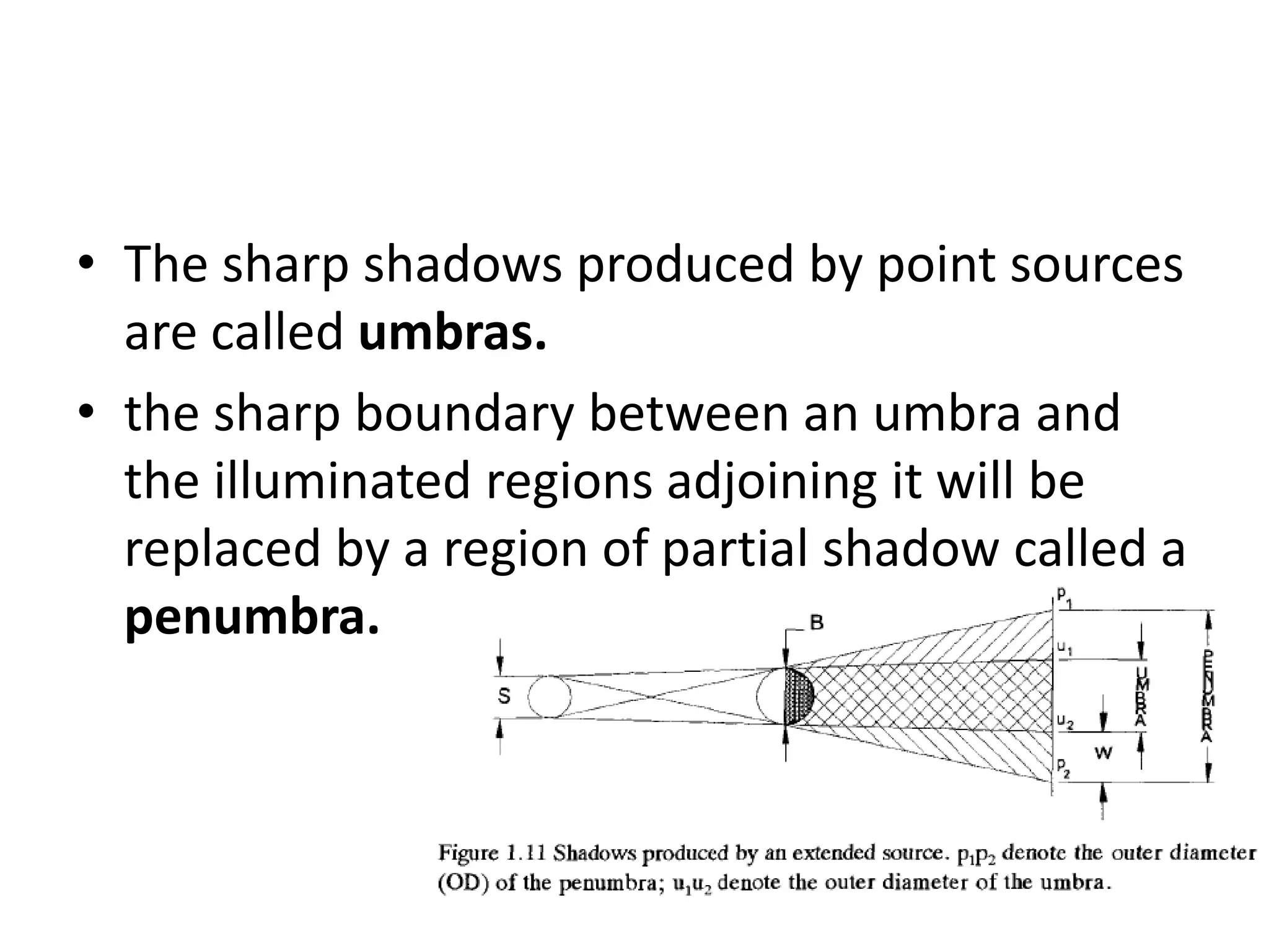 • The sharp shadows produced by point sources
are called umbras.
• the sharp boundary between an umbra and
the illuminated regions adjoining it will be
replaced by a region of partial shadow called a
penumbra.
 
