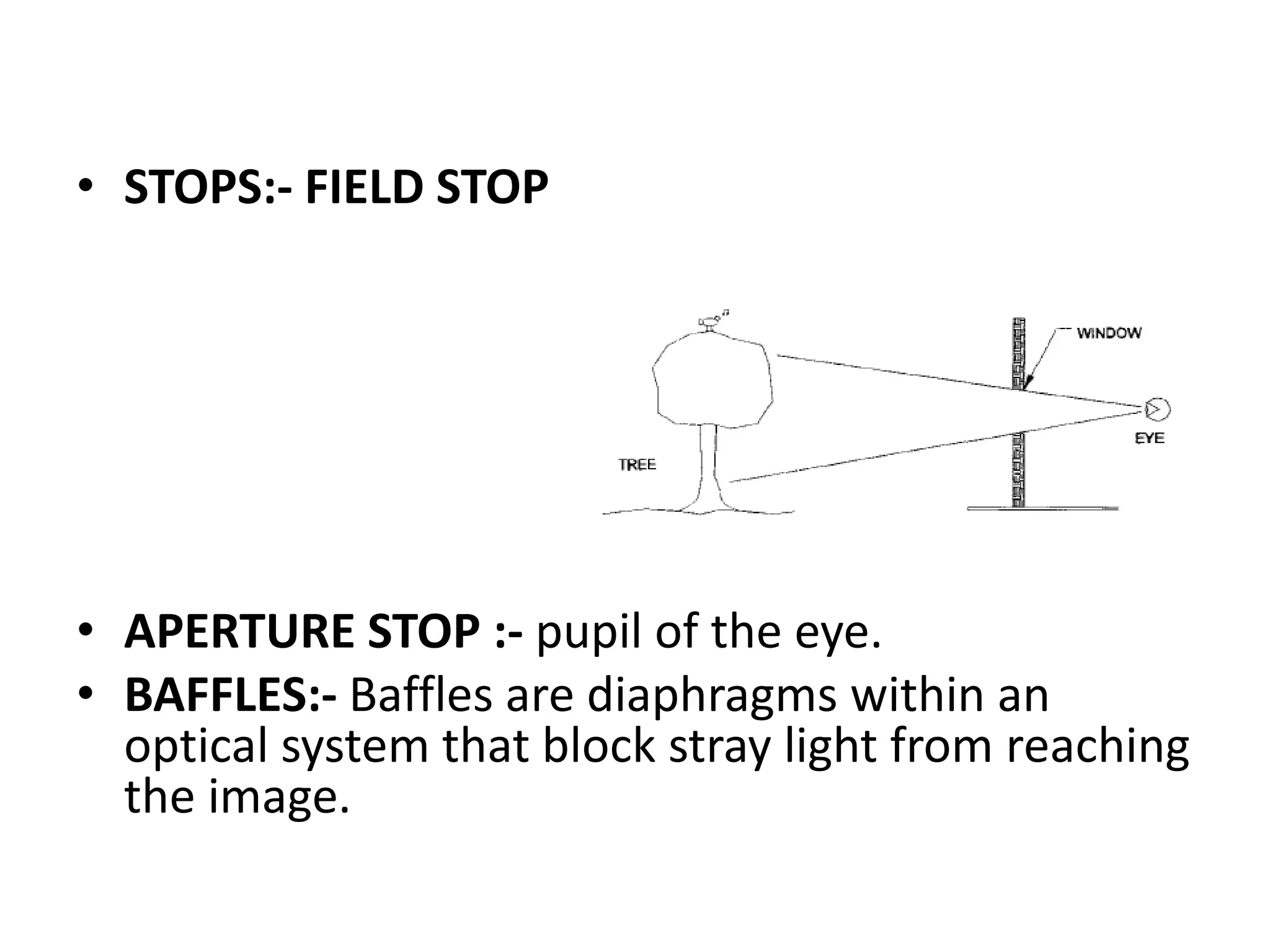 • STOPS:- FIELD STOP
• APERTURE STOP :- pupil of the eye.
• BAFFLES:- Baffles are diaphragms within an
optical system that block stray light from reaching
the image.
 