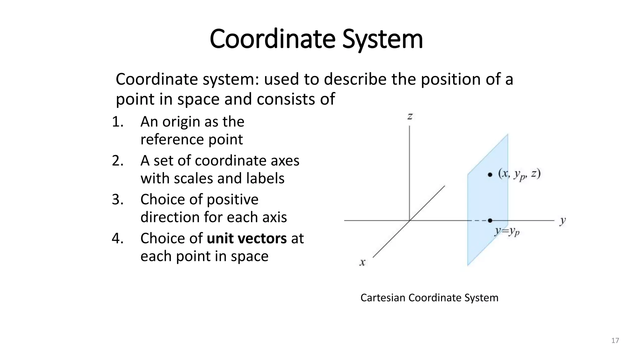 Coordinate System
1. An origin as the
reference point
2. A set of coordinate axes
with scales and labels
3. Choice of positive
direction for each axis
4. Choice of unit vectors at
each point in space
Coordinate system: used to describe the position of a
point in space and consists of
Cartesian Coordinate System
17
 