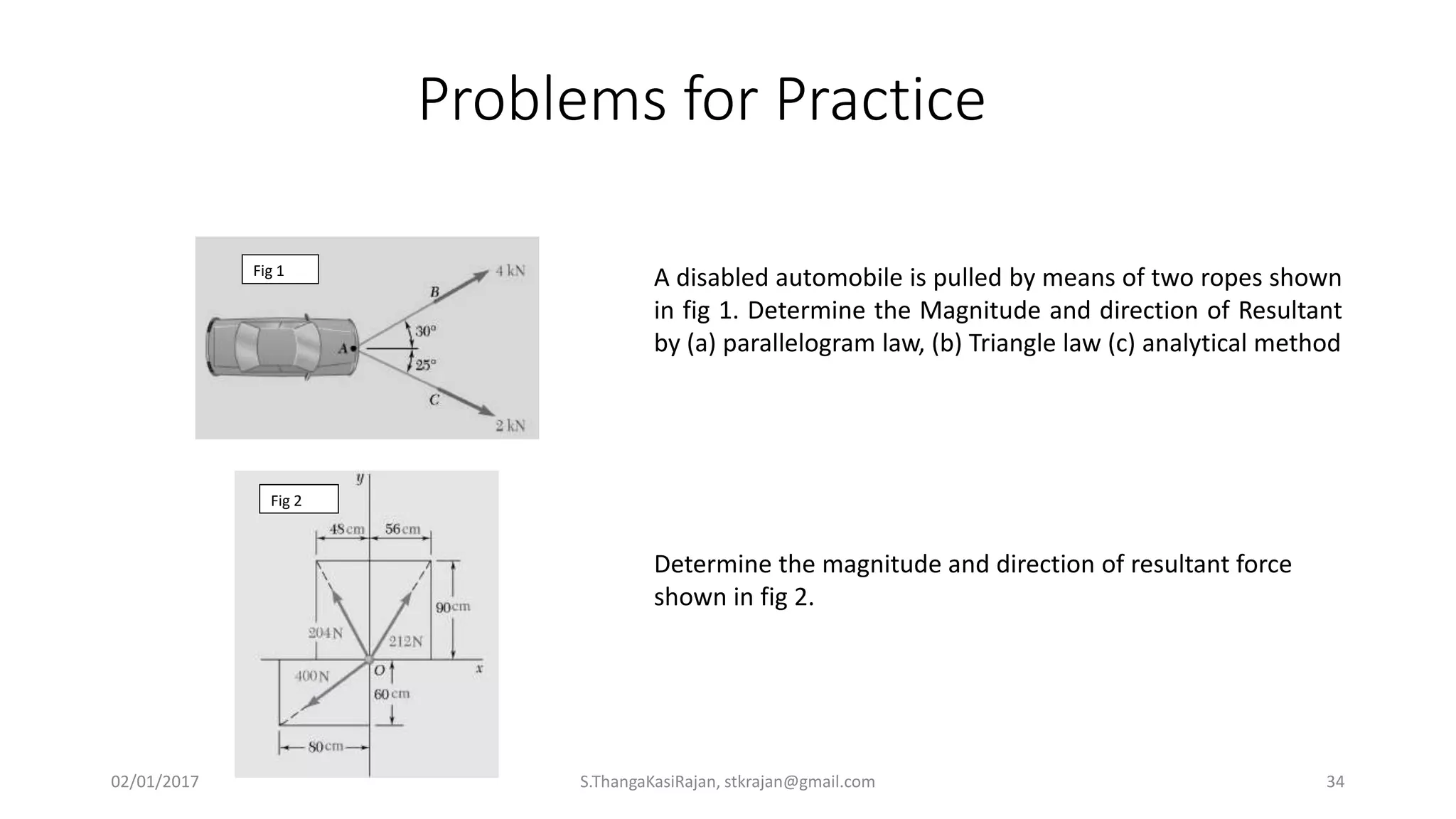 Problems for Practice
Fig 1
Fig 2
A disabled automobile is pulled by means of two ropes shown
in fig 1. Determine the Magnitude and direction of Resultant
by (a) parallelogram law, (b) Triangle law (c) analytical method
Determine the magnitude and direction of resultant force
shown in fig 2.
02/01/2017 S.ThangaKasiRajan, stkrajan@gmail.com 34
 