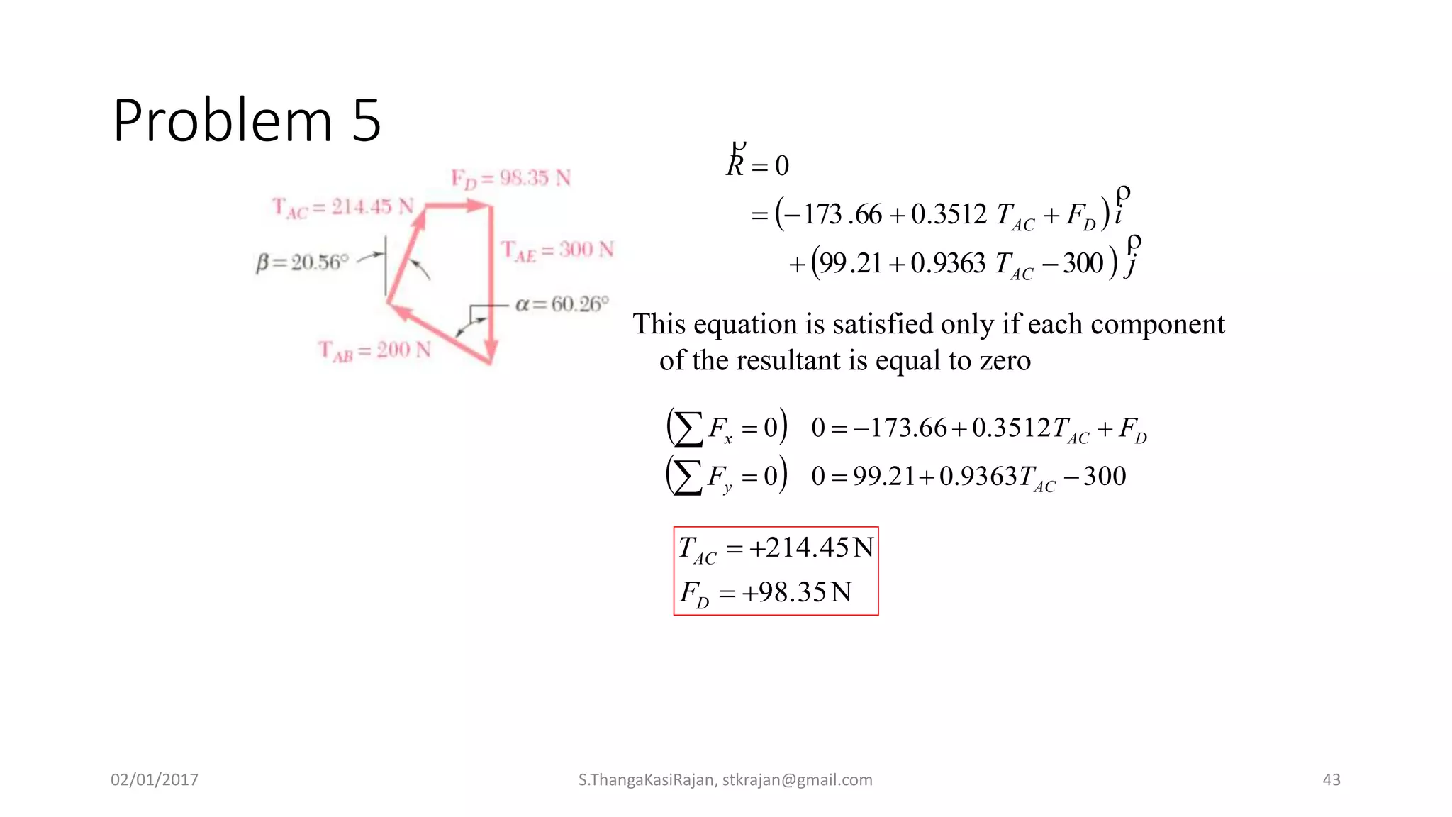 Problem 5
 
  3009363.021.9900
3512.066.17300




ACy
DACx
TF
FTF
N98.35
N214.45


D
AC
F
T
 
  jT
iFT
R
AC
DAC



3009363.021.99
3512.066.173
0



This equation is satisfied only if each component
of the resultant is equal to zero
02/01/2017 S.ThangaKasiRajan, stkrajan@gmail.com 43
 