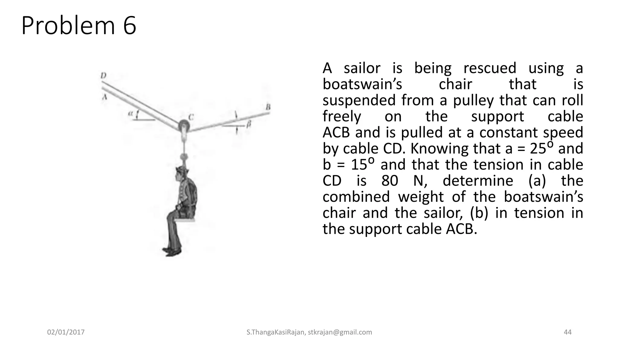Problem 6
A sailor is being rescued using a
boatswain’s chair that is
suspended from a pulley that can roll
freely on the support cable
ACB and is pulled at a constant speed
by cable CD. Knowing that a = 25ᴼ and
b = 15ᴼ and that the tension in cable
CD is 80 N, determine (a) the
combined weight of the boatswain’s
chair and the sailor, (b) in tension in
the support cable ACB.
02/01/2017 S.ThangaKasiRajan, stkrajan@gmail.com 44
 