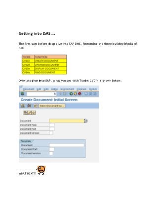 Getting into DMS….

The first step before deep dive into SAP DMS, Remember the three building blocks of
DMS.




Okie lets dive into SAP. What you see with Tcode: CV01n is shown below.




WHAT NEXT??
 