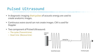 Pulsed Ultrasound
▪ In diagnostic imaging short pulses of acoustic energy are used to
create anatomic images.
▪ Continuous wave sound can not create images. CW is used for
Doppler
▪ Two component of Pulsed Ultrasound:
– The cycles (Transmit time)
– Dead time (Receive time)
 