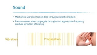 Sound
▪ Mechanical vibration transmitted through an elastic medium
▪ Pressure waves when propagate through air at appropriate frequency
produce sensation of hearing
Vibration Propagation
 