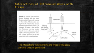 Interactions of Ultrasound Waves with
Tissue
The interactions will determine the types of images &
artifacts that are generated
 