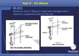 Email: info@westfieldsoffshore.com - www.westfieldsoffshore.com Tel.+233 503806661 (0) 501550047(0)501549944Email: info@westfieldsoffshore.com - www.westfieldsoffshore.com Tel.+233 503806661 (0) 501550047(0)501549944
Topic 9 - Gin Wheels
BS 5973
Maximum load of 50kg on single tube outrigger with a
maximum suspension point of 750 mm
 