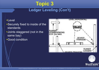 Email: info@westfieldsoffshore.com - www.westfieldsoffshore.com Tel.+233 503806661 (0) 501550047(0)501549944Email: info@westfieldsoffshore.com - www.westfieldsoffshore.com Tel.+233 503806661 (0) 501550047(0)501549944
Topic 3
Ledger Leveling (Con't)
Level
Securely fixed to inside of the
standards
Joints staggered (not in the
same bay)
Good condition
 