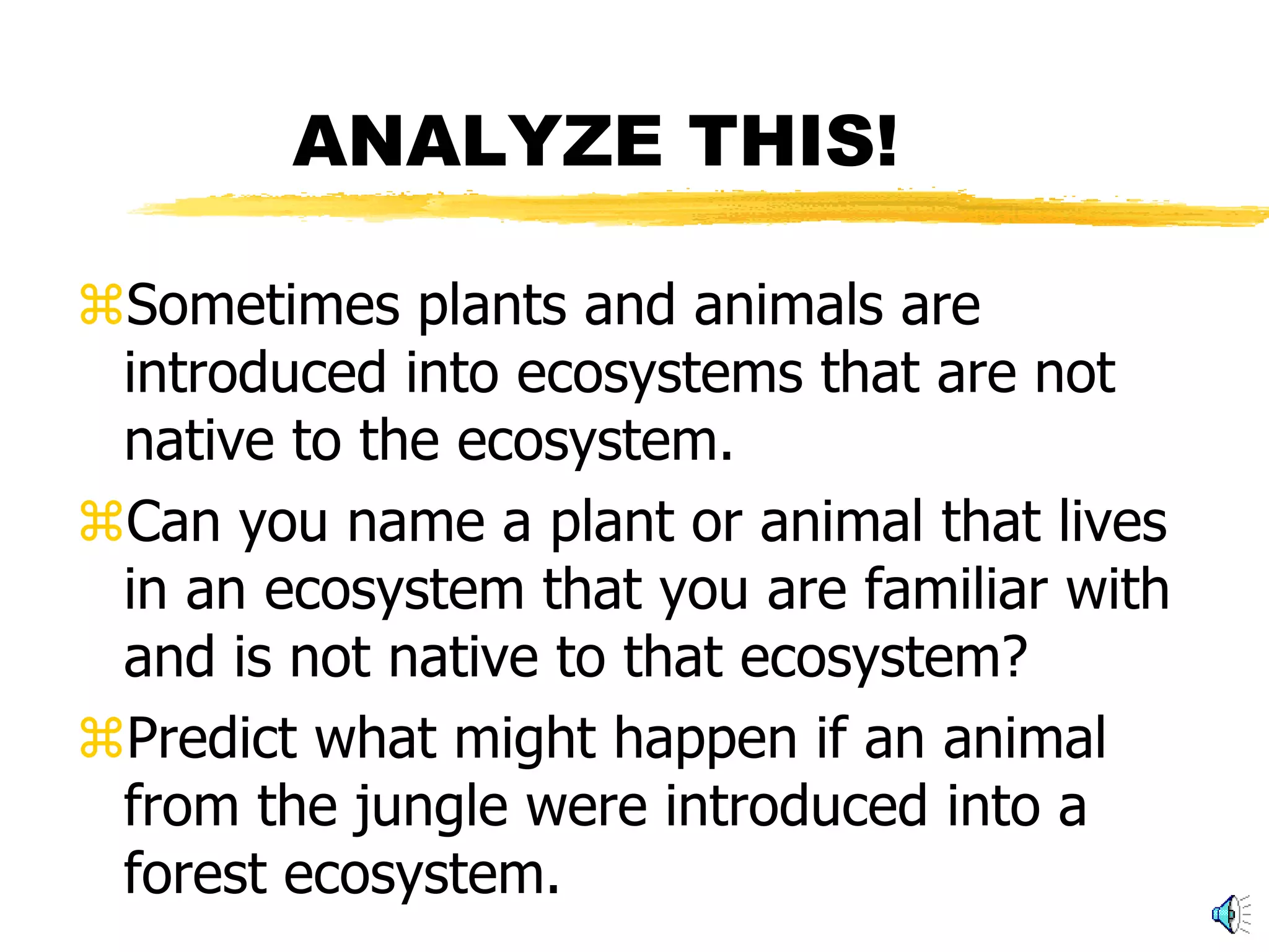 ANALYZE THIS!

Sometimes plants and animals are
 introduced into ecosystems that are not
 native to the ecosystem.
Can you name a plant or animal that lives
 in an ecosystem that you are familiar with
 and is not native to that ecosystem?
Predict what might happen if an animal
 from the jungle were introduced into a
 forest ecosystem.
 