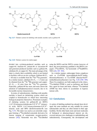 90                                                                                                        T.L. Roß and S.M. Ametamey

         O                                        O                                                                            OH
                                                                            O                                          O
HO                     O                                                                             HO
     N                                                NH
                                                                                    OH
                  HN             N                                                                            N            N
                            HO                                          N                             O
                                     O
                                                                                                                                O
                                                                    N           N                             N            N
                                         HO
         NH2                                      N                                                                                 OH
                                                               HO   O       HO           O                        OH
                                         O                                                                O

               Desferrioxamine-B                                     NOTA                                         DOTA

Fig. 5.27 Chelator systems for labelling with metallic nuclides such as gallium 68




                                              N        N                        N        N
                                         N                 N                N                N
                                                  Cu                                Cu
                                     N        S                N        N       S                N
                                                       S                                 S       H
                                     H                         H        H


                                             Cu-PTSM                            Cu-ATSM

Fig. 5.28 Chelator systems for (radio)copper

divided into cyclotron-produced nuclides such as                    using the DOTA and the NOTA system; however, of
copper-64, titanium-45, yttrium-86 or zirconium-89                  these, the most promising candidate is the DOTA con-
and generator-produced nuclides such as gallium-68,                 jugate [68Ga-DOTA, Tyr3]octreotide ([68Ga]DOTA-
rubidium-82, or copper-62. The main advantage of the                TOC) [26, 303 305].
latter is clearly their availability which is not limited              In a similar manner, radiocopper forms complexes
to facilities with an on-site cyclotron. Gallium-68 (T½             such as Cu-PTSM (pyruvaldehyde-bis(N4-methy-
¼ 68 min) is available from the 68Ge-68Ga generator.                thiosemicarbazone)) or Cu-ATSM (diacetyl-bis(N4-
In a similar manner, rubidium-82 (T½ ¼ 1.3 min) can                 methylthiosemicarbazone)) (see Fig. 5.28) [306 309].
be obtained from the 82Sr-82Rb generator and copper-                These Cu-complexes are both employed in the clinics.
62 (T½ ¼ 10 min) from the 62Zn-62Cu generator.                      62
                                                                      Cu-labelled PTSM is used as perfusion and blood
Especially, gallium-68 has more and more drawn the                  ﬂow agent for heart and brain, whereas 62Cu-labelled
attention of radiopharmaceutical research, due to its               ATSM has been shown to accumulate in hypoxic
favourable nuclear characteristics.                                 tumour cells.
    In terms of radiochemistry, labelling with metallic
nuclides is based on chelatoring systems which are
coupled to biomolecules or which have interesting
biological properties themselves. Prominent examples                5.3 Conclusions
of chelating systems for gallium-68 are DOTA
(1,4,7,10-tetraazacyclododecane-N,N0 ,N00 ,N000 -tetraace-          A variety of labelling methods has already been devel-
tic acid), NOTA (1,4,7-triazacyclononane-N,N0 ,N00 -                oped, but some methods are only suitable for certain
triacetic acid) and DFO (desferrioxamine-B) (see                    radionuclides and they are often limited in their app-
Fig. 5.27). The latter was used as an octreotide conju-             licability. On the other hand, more and more molecules
gate forming a 68Ga-labelled octreotide derivative for              of biological or pharmacological interest are dis-
tumour imaging of somatostatin receptor-positive                    covered and pose new challenges to radiolabelling and
tumours [302]. Octreotide was also 68Ga-labelled                    radiochemistry. Consequently, the development and
 