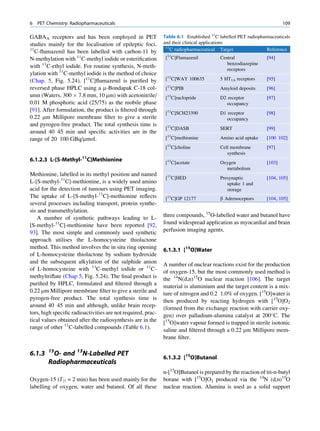 6   PET Chemistry: Radiopharmaceuticals                                                                              109

GABAA receptors and has been employed in PET                 Table 6.1 Established 11C labelled PET radiopharmaceuticals
studies mainly for the localisation of epileptic foci.       and their clinical applications
                                                              11
11
   C-ﬂumazenil has been labelled with carbon-11 by              C radiopharmaceutical Target                 Reference
N-methylation with 11C-methyl iodide or esteriﬁcation         [11C]Flumazenil          Central               [94]
                                                                                          benzodiazepine
with 11C-ethyl iodide. For routine synthesis, N-meth-
                                                                                          receptors
ylation with 11C-methyl iodide is the method of choice
(Chap. 5, Fig. 5.24). [11C]ﬂumazenil is puriﬁed by            [11C]WAY 100635          5 HT1A receptors      [95]
reversed phase HPLC using a m-Bondapak C-18 col-              11
                                                              [ C]PIB                  Amyloid deposits      [96]
umn (Waters, 300 Â 7.8 mm, 10 mm) with acetonitrile/          11
                                                              [ C]raclopride           D2 receptor           [97]
0.01 M phosphoric acid (25/75) as the mobile phase                                        occupancy
[91]. After formulation, the product is ﬁltered through
                                                              [11C]SCH23390            D1 receptor           [98]
0.22 mm Millipore membrane ﬁlter to give a sterile                                        occupancy
and pyrogen-free product. The total synthesis time is
                                                              [11C]DASB                SERT                  [99]
around 40 45 min and speciﬁc activities are in the
                                                              11
range of 20 100 GBq/mmol.                                     [ C]methionine           Amino acid uptake     [100 102]
                                                              11
                                                              [ C]choline              Cell membrane         [97]
                                                                                          synthesis
6.1.2.3 L-[S-Methyl-11C]Methionine                            [11C]acetate             Oxygen                [103]
                                                                                         metabolism
Methionine, labelled in its methyl position and named
                                                              [11C]HED                 Presynaptic           [104, 105]
L-[S-methyl-11C]-methionine, is a widely used amino                                       uptake 1 and
acid for the detection of tumours using PET imaging.                                      storage
The uptake of L-[S-methyl-11C]-methionine reﬂects             [11C]GP 12177            b Adrenoceptors       [104, 105]
several processes including transport, protein synthe-
sis and transmethylation.
    A number of synthetic pathways leading to L-             three compounds, 15O-labelled water and butanol have
[S-methyl-11C]-methionine have been reported [92,            found widespread application as myocardial and brain
93]. The most simple and commonly used synthetic             perfusion imaging agents.
approach utilises the L-homocysteine thiolactone
method. This method involves the in situ ring opening        6.1.3.1 [15O]Water
of L-homocysteine thiolactone by sodium hydroxide
and the subsequent alkylation of the sulphide anion          A number of nuclear reactions exist for the production
of L-homocysteine with 11C-methyl iodide or 11C-             of oxygen-15, but the most commonly used method is
methyltriﬂate (Chap 5, Fig. 5.24). The ﬁnal product is       the 14N(d,n)15O nuclear reaction [106]. The target
puriﬁed by HPLC, formulated and ﬁltered through a            material is aluminium and the target content is a mix-
0.22 mm Millipore membrane ﬁlter to give a sterile and       ture of nitrogen and 0.2 1.0% of oxygen. [15O]water is
pyrogen-free product. The total synthesis time is            then produced by reacting hydrogen with [15O]O2
around 40 45 min and although, unlike brain recep-           (formed from the exchange reaction with carrier oxy-
tors, high speciﬁc radioactivities are not required, prac-   gen) over palladium-alumina catalyst at 200 C. The
tical values obtained after the radiosynthesis are in the    [15O]water vapour formed is trapped in sterile isotonic
range of other 11C-labelled compounds (Table 6.1).           saline and ﬁltered through a 0.22 mm Millipore mem-
                                                             brane ﬁlter.

        15
6.1.3    O- and 13N-Labelled PET
                                                             6.1.3.2 [15O]Butanol
        Radiopharmaceuticals
                                                             n-[15O]Butanol is prepared by the reaction of tri-n-butyl
Oxygen-15 (T½ = 2 min) has been used mainly for the          borane with [15O]O2 produced via the 14N (d,n)15O
labelling of oxygen, water and butanol. Of all these         nuclear reaction. Alumina is used as a solid support
 