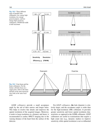 160                                                                                                                 M.M. Khalil

Fig. 10.3 Three different
types of parallel hole                           -4                                        Scintillation crystal
                                     1.84 ´ 10         7.4 mm
collimators: low energy high
resolution, low energy
general purpose, and low
energy high sensitivity
collimators. FWHM full width
at half maximum



                                                 -4
                                     2.68 ´ 10         9.1 mm                              Scintillation crystal




                                              -4
                                     5.74 ´ 10        13.2 mm                               Scintillation crystal


                                    Sensitivity       Resolution

                                    Efficiency, g     (FWHM)




Fig. 10.4 Cone beam and fan
beam collimators. For the
former, all holes focus at a
single point, while in the latter
all holes at the same transaxial
slice look at the same focal
point




    LEHR collimators provide a small acceptance                       For LEGP collimators, the hole diameter is rela-
angle by the aid of their narrow and longer holes.                 tively larger, and the acceptance angle is wider than
This helps to resolve ﬁne details and improves the                 for the high-resolution (HR) collimator. It provides
spatial resolution of the acquired images. Moreover,               greater sensitivity and lower spatial resolution char-
it tends to keep resolution at a distance and hence is             acteristics as opposed to the LEHR collimator. LEGP
recommended in cardiac SPECT imaging due to the                    collimators are useful in examinations that require a
varying distance of the heart from the surface of the              high count rate (e.g., dynamic studies) to improve
detector.                                                          sensitivity while spatial resolution is not so inﬂuential
 