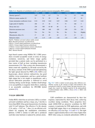 188                                                                                                                                 M.M. Khalil

Table 11.2 Properties of scintillation crystals used in positron emission tomographic (PET) scanners
                                           NaI(Tl)       BGO       GSO:Ce       LSO:Ce       LYSO:Ce                     LaBr3        BaF2
 Density (gm/cm3)                        3.67         7.13      6.7                      7.4            7.1              5.3          4.89
 Effective atomic number (Z)             51           74        59                       66             64               47           54
 Linear attenuation coefﬁcient (1/cm)    0.34         0.92      0.62                     0.87           0.86             0.47         0.44
 Light yield (% NaI[Tl])                 100          15        30                       75             75               160          5
 Decay time (ns)                         230          300       65 60                    40             41               16           0.8
 Emission maximum (nm)                   410          480       440                      420            420              370          220
 Hygroscopic                             Yes          No        No                       No             No               Yes          Slightly
 Photoelectric effect (%)                17           40        25                       32             33               13           12
 Refractive Index                        1.85       2.15        1.85                     1.82           1.81             1.88         1.56
NaI(Tl) Thallium activated sodium iodide crystal
BGO Bismuth germanate oxyorthosilicate
GSO:Ce Cerium doped gadolinium oxyorthosilicate
LSO:Ce Cerium doped Lutetium orthosilicate
LYSO:Ce Cerium doped lutetium yttrium orthosilicate
LaBr3:Ce Cerium doped lanthanum bromide
BaF2 Barium ﬂuoride

logic-based scanner using NEMA NU 2-2001 proce-
dures revealed acceptable results in terms of energy
resolution, sensitivity, and better image quality                             1          Nal(T1)
provided that a patient study can be performed in a
time course of half an hour, including transmission
                                                                 Intensity




                                                                                                LSO
measurements [24]. That system also demonstrated a
better count rate capability in 3D mode served by the                        0.5
fast decay constant of the GSO crystal and optimizing                                                 GSO
the light spread detected by PMTs [28]. GSO is not
hygroscopic, absent intrinsic radioactivity, has good                                                  BGO

stability versus temperature, and has a good uniform                          0
                                                                                   300          400            500            600            700
light output but is not simple to manufacture, and a
                                                                                                       Wavelength (nm)
special fabrication procedure is followed to avoid
cracking during crystal design. Another disadvantage            Fig. 11.7 LSO is ranked second among other different scin
is its susceptibility to magnetic ﬁeld effects, rendering       tillation crystals in the amount of light yield produced, data
                                                                normalized to NaI(Tl) crystal. Further, the peak emission wave
it an unsuitable scintillator for PET/MR hybrid
                                                                length does match the bialkali material of the photocathode
systems [41].                                                   of photomultiplier tubes (PMTs). (From [145] # IEEE with
                                                                permission)

11.2.2.4 LSO/LYSO
                                                                    LSO scintillators are characterized by their fast
Unlike BGO, which has no activator, LSO is a cerium-            response, represented by short decay time, achieving
activated scintillator and has a large rZeff4, but this is      excellent timing resolution. These properties have
lower than BGO. It has good characteristics for dealing         made LSO/LYSO an attractive scintillator for PET
with 511-keV photons: The effective Z is 66, density            scanners, in particular for TOF applications, and with
(7.4), and m ¼ 0.87 cm 1; thus, it is an efﬁcient scin-         its high light output, there is no compromise in detec-
tillator for stopping the annihilation coincidence              tor efﬁciency [42] (see Figs. 11.6 and 11.7). The light
photons. LYSO is similar to LSO and is produced                 output is approximately three or ﬁve times higher than
such that some lutetium is replaced by yttrium atoms.           BGO when using an avalanche photodiode (APD) or
 