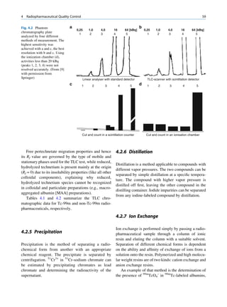4   Radiopharmaceutical Quality Control                                                                                               59


Fig. 4.2 Phantom                  a                                                   b
                                      0,25    1,0       4,0       16       64 [kBq]       0,25    1,0      4,0       16      64 [kBq]
chromatography plate
                                        1      2        3         4         5               1      2       3          4        5
analyzed by four different
methods of measurement. The
highest sensitivity was
achieved with a and c, the best
resolution with b and c. Using
the ionization chamber (d),
activities less than 20 kBq
(peaks 1, 2, 3, 4) were not
resolved accurately. (From [9]
with permission from
Springer)                                 Linear analyser with standard detector            TLC-scanner with scintillation detector
                                  c       1      2         3           4      5       d     1       2       3         4          5




                                          Cut and count in a scintillation counter         Cut and count in an ionisation chamber




    Free pertechnetate migration properties and hence              4.2.6 Distillation
its Rf value are governed by the type of mobile and
stationary phases used for the TLC test, while reduced,
                                                                   Distillation is a method applicable to compounds with
hydrolyzed technetium is present mainly at the origin
                                                                   different vapor pressures. The two compounds can be
(Rf = 0) due to its insolubility properties (like all other
                                                                   separated by simple distillation at a speciﬁc tempera-
colloidal components), explaining why reduced,
                                                                   ture. The compound with higher vapor pressure is
hydrolyzed technetium species cannot be recognized
                                                                   distilled off ﬁrst, leaving the other compound in the
in colloidal and particulate preparations (e.g., macro-
                                                                   distilling container. Iodide impurities can be separated
aggregated albumin [MAA] preparations).
                                                                   from any iodine-labeled compound by distillation.
    Tables 4.1 and 4.2 summarize the TLC chro-
matographic data for Tc-99m and non-Tc-99m radio-
pharmaceuticals, respectively.
                                                                   4.2.7 Ion Exchange

                                                                   Ion exchange is performed simply by passing a radio-
4.2.5 Precipitation                                                pharmaceutical sample through a column of ionic
                                                                   resin and eluting the column with a suitable solvent.
Precipitation is the method of separating a radio-                 Separation of different chemical forms is dependent
chemical form from another with an appropriate                     on the ability and afﬁnity of exchange of ions from a
chemical reagent. The precipitate is separated by                  solution onto the resin. Polymerized and high molecu-
centrifugation. 51Cr3+ in 51Cr-sodium chromate can                 lar weight resins are of two kinds: cation exchange and
be estimated by precipitating chromates as lead                    anion exchange resins.
chromate and determining the radioactivity of the                      An example of that method is the determination of
supernatant.                                                       the presence of 99mTcO4– in 99mTc-labeled albumins,
 