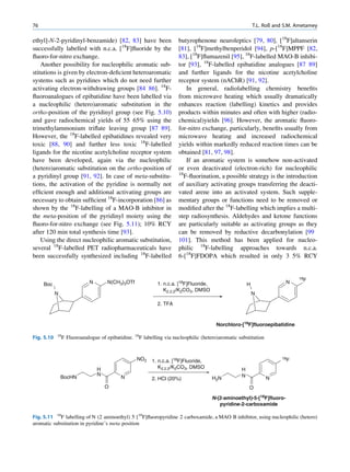76                                                                                                          T.L. Roß and S.M. Ametamey

ethyl]-N-2-pyridinyl-benzamide) [82, 83] have been                    butyrophenone neuroleptics [79, 80], [18F]altanserin
successfully labelled with n.c.a. [18F]ﬂuoride by the                 [81], [18F]methylbenperidol [94], p-[18F]MPPF [82,
ﬂuoro-for-nitro exchange.                                             83], [18F]ﬂumazenil [95], 18F-labelled MAO-B inhibi-
    Another possibility for nucleophilic aromatic sub-                tor [93], 18F-labelled epibatidine analogues [87 89]
stitutions is given by electron-deﬁcient heteroaromatic               and further ligands for the nicotine acetylcholine
systems such as pyridines which do not need further                   receptor system (nAChR) [91, 92].
activating electron-withdrawing groups [84 86]. 18F-                      In general, radiolabelling chemistry beneﬁts
ﬂuoroanalogues of epibatidine have been labelled via                  from microwave heating which usually dramatically
a nucleophilic (hetero)aromatic substitution in the                   enhances reaction (labelling) kinetics and provides
ortho-position of the pyridinyl group (see Fig. 5.10)                 products within minutes and often with higher (radio-
and gave radiochemical yields of 55 65% using the                     chemical)yields [96]. However, the aromatic ﬂuoro-
trimethylammonium triﬂate leaving group [87 89].                      for-nitro exchange, particularly, beneﬁts usually from
However, the 18F-labelled epibatidines revealed very                  microwave heating and increased radiochemical
toxic [88, 90] and further less toxic 18F-labelled                    yields within markedly reduced reaction times can be
ligands for the nicotine acetylcholine receptor system                obtained [81, 97, 98].
have been developed, again via the nucleophilic                           If an aromatic system is somehow non-activated
(hetero)aromatic substitution on the ortho-position of                or even deactivated (electron-rich) for nucleophilic
                                                                      18
a pyridinyl group [91, 92]. In case of meta-substitu-                    F-ﬂuorination, a possible strategy is the introduction
tions, the activation of the pyridine is normally not                 of auxiliary activating groups transferring the deacti-
efﬁcient enough and additional activating groups are                  vated arene into an activated system. Such supple-
necessary to obtain sufﬁcient 18F-incorporation [86] as               mentary groups or functions need to be removed or
shown by the 18F-labelling of a MAO-B inhibitor in                    modiﬁed after the 18F-labelling which implies a multi-
the meta-position of the pyridinyl moiety using the                   step radiosynthesis. Aldehydes and ketone functions
ﬂuoro-for-nitro exchange (see Fig. 5.11); 10% RCY                     are particularly suitable as activating groups as they
after 120 min total synthesis time [93].                              can be removed by reductive decarbonylation [99
    Using the direct nucleophilic aromatic substitution,              101]. This method has been applied for nucleo-
several 18F-labelled PET radiopharmaceuticals have                    philic 18F-labelling approaches towards n.c.a.
been successfully synthesized including 18F-labelled                  6-[18F]FDOPA which resulted in only 3 5% RCY


                                                                                                                              18F
     Boc                     N        N(CH3)3OTf             1. n.c.a. [18F]Fluoride,                   H                 N
                                                                K2.2.2/K2CO3, DMSO
            N                                                                                               N

                                                             2. TFA



                                                                                         Norchloro-[18F]fluoroepibatidine

            18
Fig. 5.10        F Fluoroanalogue of epibatidine. 18F labelling via nucleophilic (hetero)aromatic substitution


                                                   NO2                                                                 18F
                                                          1. n.c.a. [18F]Fluoride,
                                 H                           K2.2.2/K2CO3, DMSO                     H
                                 N                                                                  N
                BocHN                       N             2. HCl (20%)                  H2N                      N
                                     O                                                                  O

                                                                                        N-(2-aminoethyl)-5-[18F]fluoro-
                                                                                           pyridine-2-carboxamide

Fig. 5.11 18F labelling of N (2 aminoethyl) 5 [18F]ﬂuoropyridine 2 carboxamide, a MAO B inhibitor, using nucleophilic (hetero)
aromatic substitution in pyridine’s meta position
 