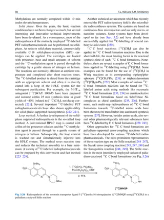 86                                                                                                T.L. Roß and S.M. Ametamey

Methylations are normally completed within 10 min                       Another technical advancement which has recently
under elevated temperatures.                                        entered the PET radiochemistry ﬁeld is the microﬂui-
    Solid phase: Over the years, the basic reaction                 dic radiosyntheses systems. The systems are based on
conditions have not been changed so much, but several               continuous-ﬂow microreactors and use only micro- or
interesting and innovative technical improvements                   nanolitre volumes. Some systems have been devel-
have been developed. As a consequence, most of the                  oped so far (see Sect. 5.2) and have already been
radiosyntheses of the routinely employed 11C-labelled               successfully applied for 11C-labelling of several car-
PET radiopharmaceuticals can be performed on solid-                 boxylic acid esters [230].
                                                                        11
phase. As resin or solid phase material, commercially                     C C bond reactions: [11C]CH3I can also be
available C-18 solid-phase-extraction (SPE) car-                    applied in 11C C bond formation reactions. Due to the
tridges can be applied. The cartridges are loaded                   short half-life, the most limiting factor is the reaction/
with precursor, base and small amounts of solvent                   synthesis time of such 11C C bond formations. None-
and the 11C-methylation agent is passed through the                 theless, there are several examples of C C bond forma-
cartridge by a gentle stream of nitrogen or helium.                 tions applied in 11C-labelling using [11C]CH3I. Some
The reactions are normally efﬁcient at ambient tem-                 examples can be found for the use of [11C]CH3I in
perature and completed after short reaction times.                  Wittig reactions as its corresponding triphenylpho-
The 11C-labelled product is eluted from the cartridge               sphorane [11C]CH2PPh3 [231] or triphenylarsonium
with an appropriate solvent and often it is directly                [11C]CH2ArPh3 [232]. Most examples of various 11C
eluted into a loop of the HPLC system for the                       C bond formation reactions can be found for 11C-
subsequent puriﬁcation. For example, the 5-HT1A                     labelled amino acids using methods like enzymatic
antagonist [11C]WAY 100635 have been prepared                       11
                                                                      C C bond formations [233, 234] or enantioselective
                                                                    11
and isolated within 25 min synthesis time in good                     C C bond formations based on Schiff-base Ni-
yields of ~40% (related to [11C]CH3I, not decay cor-                complexes as chiral auxiliaries [235, 236]. Further-
rected) [221]. Several important 11C-labelled PET                   more, such multi-step radiosyntheses of 11C C bond
radiopharmaceuticals have also shown applicability                  formations towards 11C-labelled amino acids have
for solid-phase-supported radiosynthesis [222 224].                 been shown to be transferable into automated synthesis
    Loop method: A further development of the solid-                systems [237]. However, besides amino acids, also sev-
phase supported radiosyntheses is the so-called loop                eral other pharmacologically relevant substances have
method. A conventional HPLC loop is coated with                     been 11C-labelled by C C bond formations [238 243].
a ﬁlm of the precursor solution and the 11C-methyla-                    Other approaches for 11C C bond formations are
tion agent is passed through by a gentle stream of                  palladium-supported cross-coupling reactions which
nitrogen or helium. Subsequently, the loop content                  have been developed for various 11C-labelled radio-
is washed out and simultaneously injected into                      pharmaceuticals. The most prominent representatives
the HPLC system. The method saves reaction time                     of these reaction type are the Stille reaction [244 247],
and reduces the technical assembly to a bare mini-                  the Suzuki cross coupling reaction [245, 247, 248] and
mum. A variety of 11C-labelled radiopharmaceuticals                 the Sonogashira reaction [248, 249]. The Stille reac-
can be prepared by this convenient and fast method                  tion is the most intensively employed variant of palla-
[225 229].                                                          dium-catalysed 11C C bond formations (see Fig. 5.26)
                                                                                              11CH
                SnBu3                                                                             3
                                                  1.   [11C]CH3I,
                                                                Pd2dba3,
      O2N                                                                             O2N
                                                       P(o-CH3C6H5)3, DMF

                        N     N                             2. TFA                                    N      N
                                     NBoc                                                                           NH

                                                                                               [11C]MNQP

Fig. 5.26 Radiosynthesis of the serotonin transporter ligand 5 [11C]methyl 6 nitroquipazine ([11C]MNQP) using [11C]CH3I in a
palladium catalysed Stille reaction
 