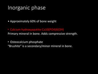 Inorganic phase
• Approximately 60% of bone weight
• Calcium hydroxyapatite Ca10(PO4)6(OH)
Primary mineral in bone. Adds compressive strength.
• Osteocalcium phosphate
“Brushite” is a secondary/minor mineral in bone.
 