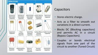 • Stores electric charge.
• Acts as a filter to smooth out
variations in a direct current.
• Blocks DC (Blocking capacitors)
and permits AC in a circuit
(Bypass Capacitors).
• Couples or bonds electrical
signals from one part of the
circuit to another (Tuned Circuit)
Capacitors
 