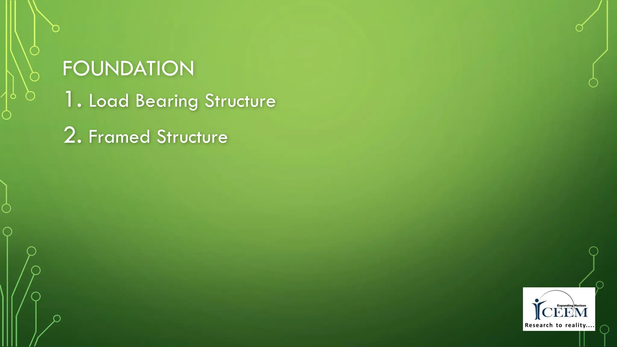 FOUNDATION
1. Load Bearing Structure
2. Framed Structure
 