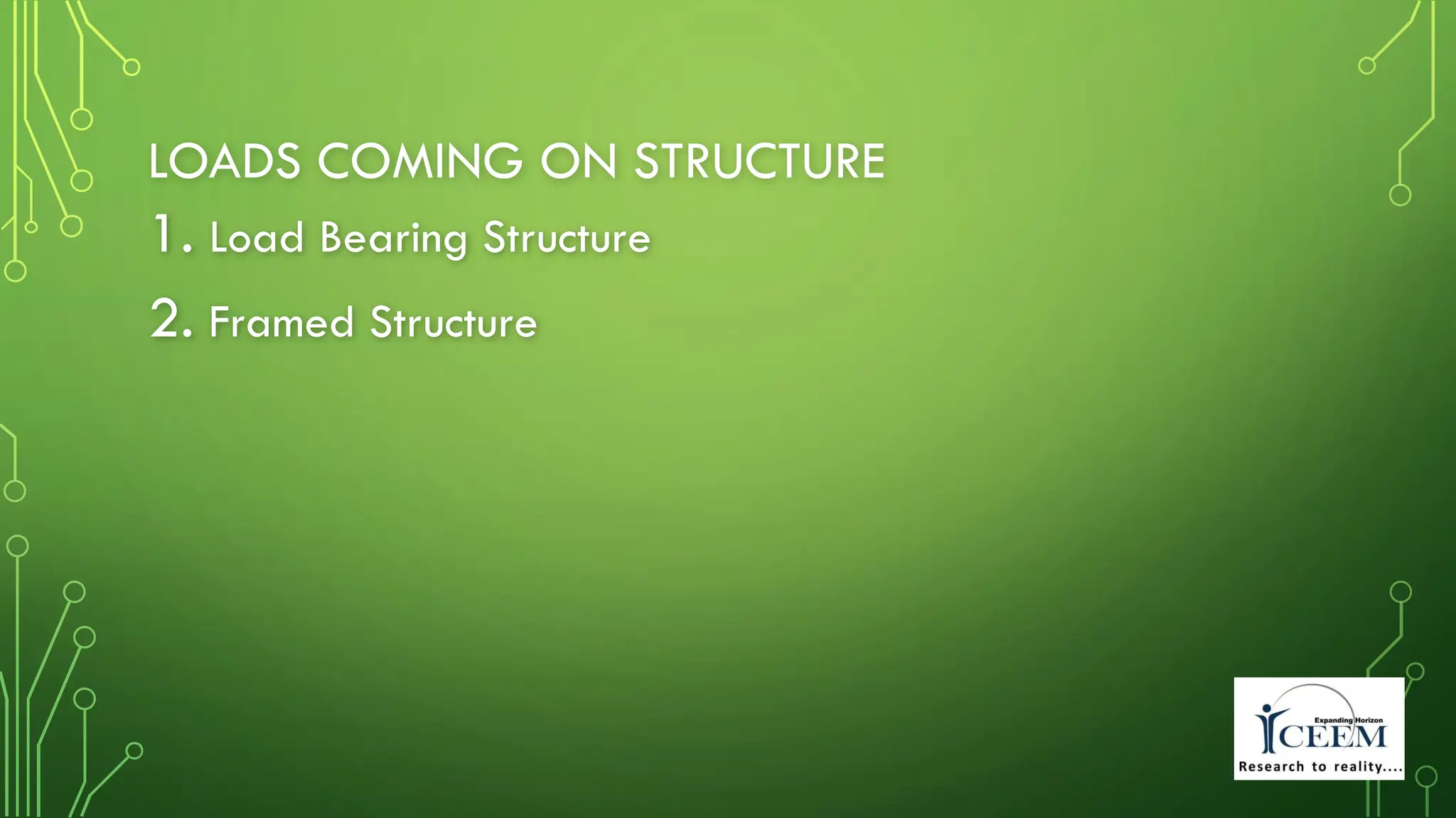 LOADS COMING ON STRUCTURE
1. Load Bearing Structure
2. Framed Structure
 