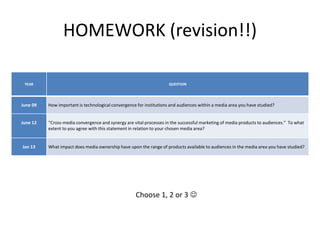 HOMEWORK (revision!!)
YEAR QUESTION
June 09 How important is technological convergence for institutions and audiences within a media area you have studied?
June 12 “Cross-media convergence and synergy are vital processes in the successful marketing of media products to audiences.” To what
extent to you agree with this statement in relation to your chosen media area?
Jan 13 What impact does media ownership have upon the range of products available to audiences in the media area you have studied?
Choose 1, 2 or 3 
 