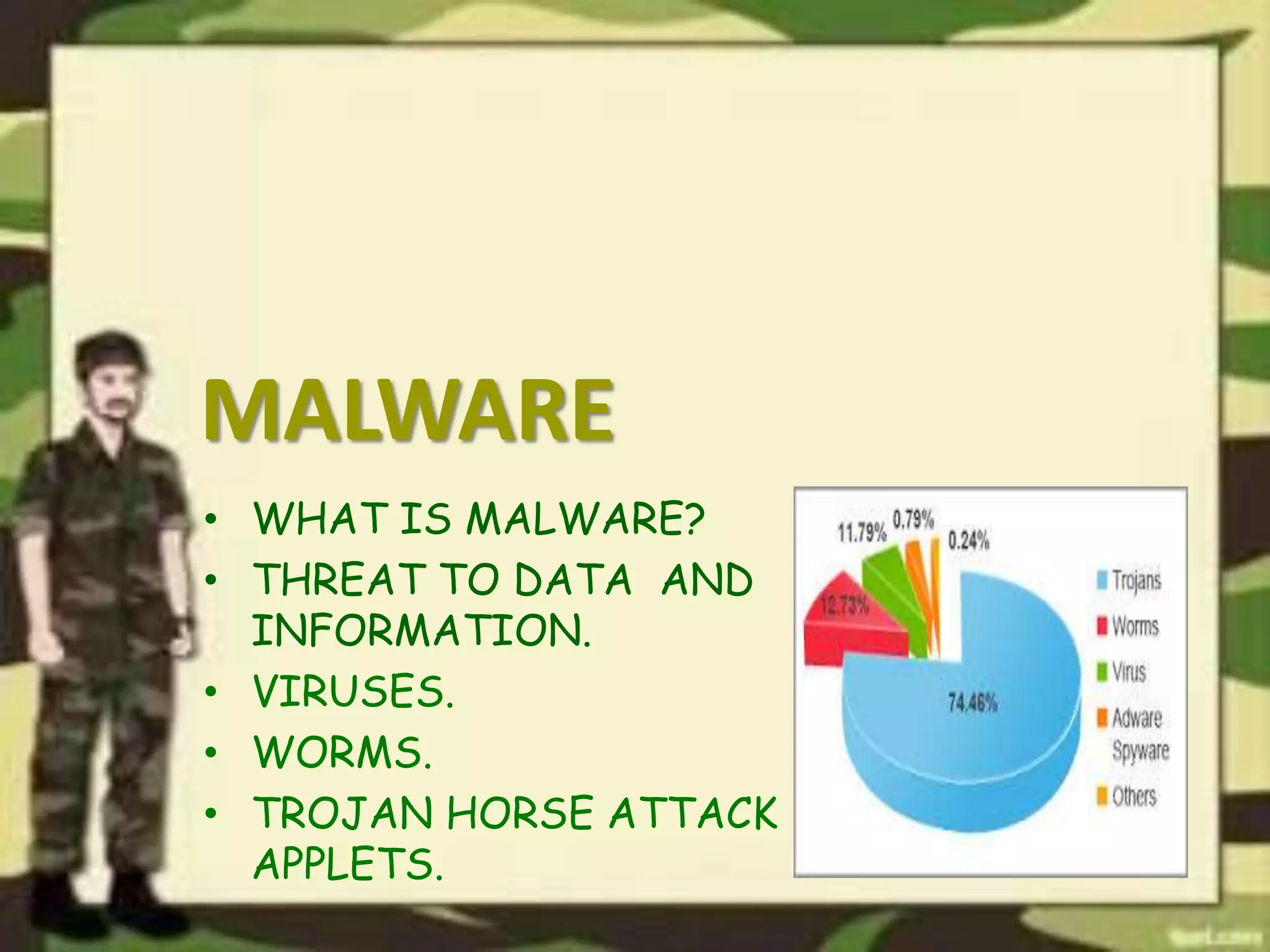 MALWARE
• WHAT IS MALWARE?
• THREAT TO DATA AND
INFORMATION.
• VIRUSES.
• WORMS.
• TROJAN HORSE ATTACK
APPLETS.
 