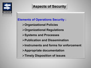 Elements of Operations Security :
Organizational Policies
Organizational Regulations
Systems and Processes
Publication and Dissemination
Instruments and forms for enforcement
Appropriate documentation
Timely Disposition of issues
Aspects of Security
 