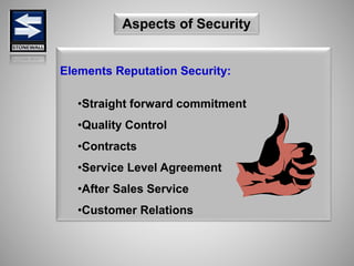 Elements Reputation Security:
•Straight forward commitment
•Quality Control
•Contracts
•Service Level Agreement
•After Sales Service
•Customer Relations
Aspects of Security
 