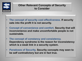 Other Relevant Concepts of Security
to Consider
• The concept of security cost effectiveness. If security
eats into the profit it is not security.
• Concept of convenience and comfort. Security that will
inconvenience and make uncomfortable people is not
sustainable.
• The concept of constancy and consistency.
Dependency syndrome is the reason for inconsistency
which is a weak link in a security system.
• Paradoxes of Security. Security concepts may seen to
be self contradictory but are in fact true.
 