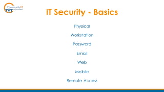 IT Security - Basics
Physical
Workstation
Password
Email
Web
Mobile
Remote Access
 