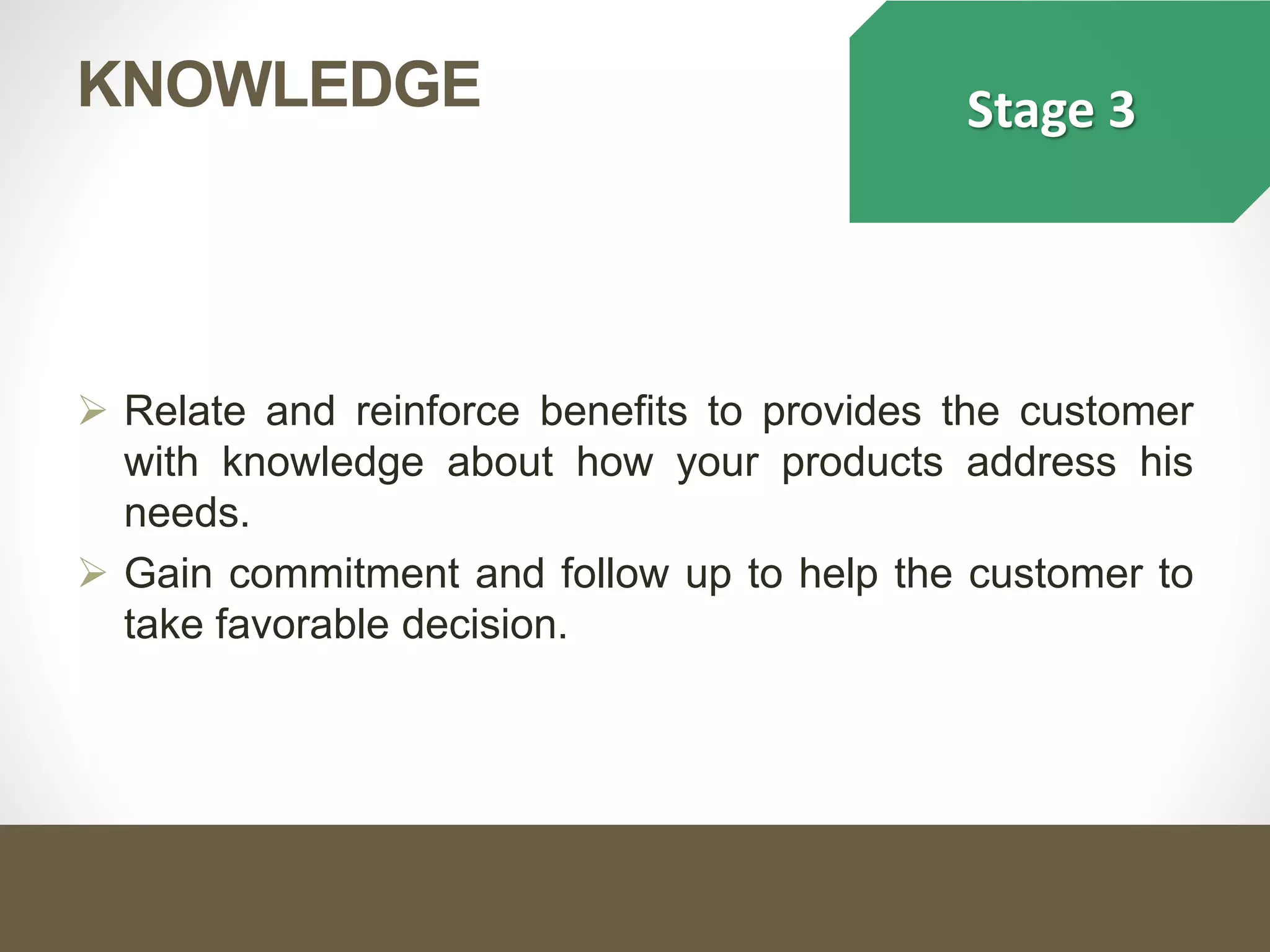 Stage 3
 Relate and reinforce benefits to provides the customer
with knowledge about how your products address his
needs.
 Gain commitment and follow up to help the customer to
take favorable decision.
KNOWLEDGE
 