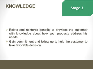 Stage 3
 Relate and reinforce benefits to provides the customer
with knowledge about how your products address his
needs.
 Gain commitment and follow up to help the customer to
take favorable decision.
KNOWLEDGE
 