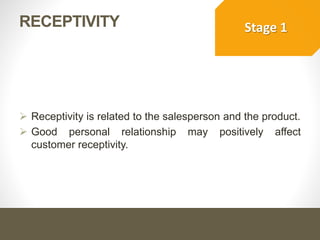Stages of the Selling Process
1- Receptivity
 Receptivity is related to the salesperson and the product.
 Good personal relationship may positively affect customer
receptivity.
 
