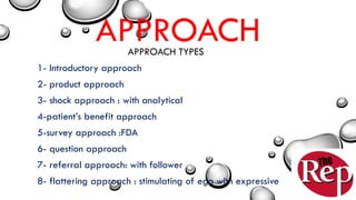 APPROACHAPPROACH TYPES
1- Introductory approach
2- product approach
3- shock approach : with analytical
4-patient’s benefit approach
5-survey approach :FDA
6- question approach
7- referral approach: with follower
8- flattering approach : stimulating of ego with expressive
 
