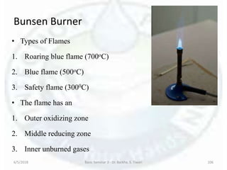Bunsen Burner
6/5/2018 Basic Seminar 3 - Dr. Barkha. S. Tiwari 106
• Types of Flames
1. Roaring blue flame (700oC)
2. Blue flame (500oC)
3. Safety flame (3000C)
• The flame has an
1. Outer oxidizing zone
2. Middle reducing zone
3. Inner unburned gases
 