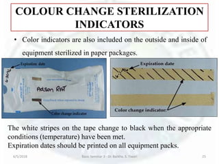COLOUR CHANGE STERILIZATION
INDICATORS
• Color indicators are also included on the outside and inside of
equipment sterilized in paper packages.
6/5/2018 Basic Seminar 3 - Dr. Barkha. S. Tiwari 25
The white stripes on the tape change to black when the appropriate
conditions (temperature) have been met.
Expiration dates should be printed on all equipment packs.
 