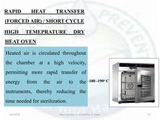 RAPID HEAT TRANSFER
(FORCED AIR) / SHORT CYCLE
HIGH TEMEPRATURE DRY
HEAT OVEN
6 minutes for unwrapped
instruments
12 minutes for wrapped instruments.
8 minutes for handpiece and
medical kits
6/5/2018 Basic Seminar 3 - Dr. Barkha. S. Tiwari 47
180 -190o C
Heated air is circulated throughout
the chamber at a high velocity,
permitting more rapid transfer of
energy from the air to the
instruments, thereby reducing the
time needed for sterilization.
 