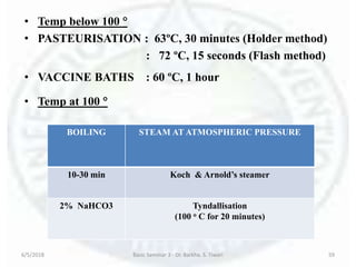 6/5/2018 Basic Seminar 3 - Dr. Barkha. S. Tiwari 59
• Temp below 100 
• PASTEURISATION : 63ºC, 30 minutes (Holder method)
: 72 ºC, 15 seconds (Flash method)
• VACCINE BATHS : 60 ºC, 1 hour
• Temp at 100 
BOILING STEAM AT ATMOSPHERIC PRESSURE
10-30 min Koch & Arnold’s steamer
2% NaHCO3 Tyndallisation
(100 o C for 20 minutes)
 